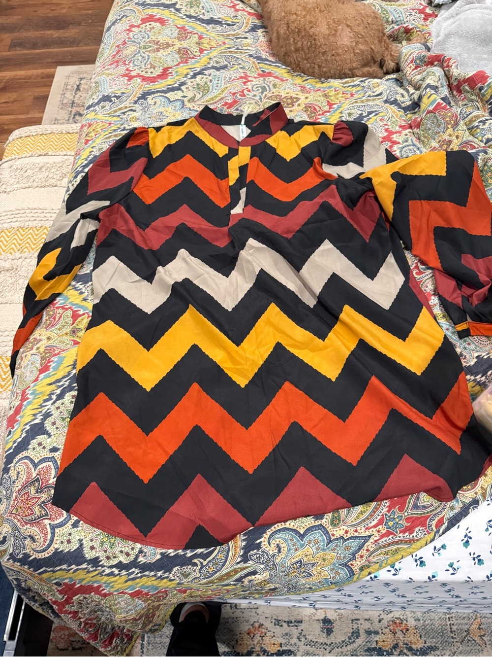 Chevron Print Long Sleeve Dress in Black, Mustard, Rust, and Cream